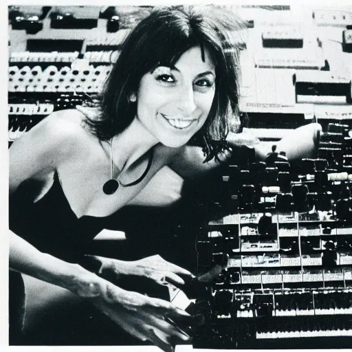 Image similar to Suzanne Ciani swimming in a sea of synthesizers, 35mm film
