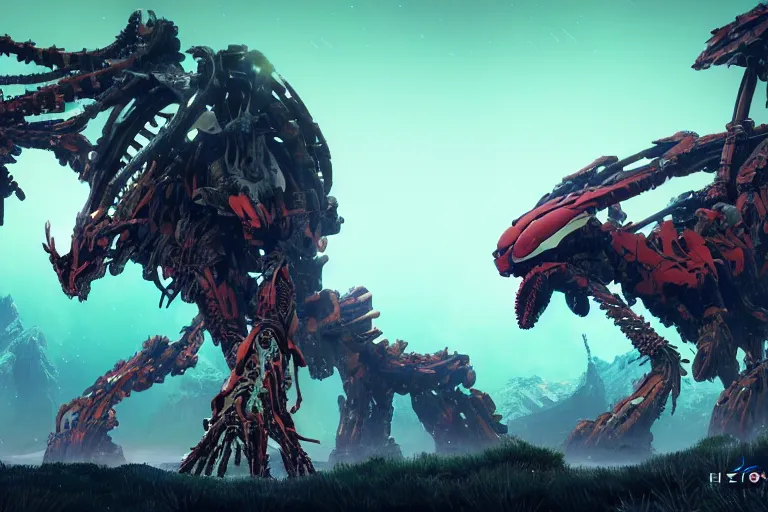 Image similar to wide epic shot. a hyper detailed fanghorn evangelion realistic mechanical and organic creature similar look as horizon forbidden west horizon zero dawn, bioluminiscence in a dark deep forest at dawn in spring, with reflection and textures, by kilian eng, substance painter reaslitic mech surface metal painted scratches, world env from horizon forbidden west horizon zero dawn