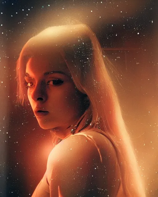 Prompt: a gorgeous young woman in dead space, with wild blonde hair and haunted eyes, 1 9 7 0 s, space station, neon light showing injuries, delicate ex embellishments, painterly, offset printing technique