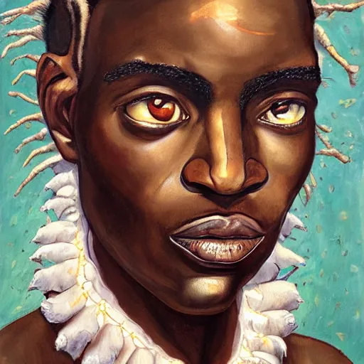 Prompt: a painting of a elegant, well fed, smooth-chinned, long nose, African, elder with few eyebrows by Wangechi Mutu . thinker without facial hair, thoughtful, focused, visionary, calm, jovial, loving, fatherly, generous, . dramatic angle, ethereal lights, details, smooth, sharp focus, illustration, realistic, cinematic, artstation, award winning, rgb , unreal engine, octane render, cinematic light, macro, depth of field, blur, red light and clouds from the back, highly detailed epic cinematic concept art CG render made in Maya, Blender and Photoshop, octane render, excellent composition, dynamic dramatic cinematic lighting, aesthetic, very inspirational, arthouse.