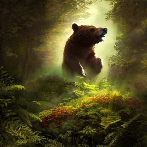 Prompt: a roaring bear, beautiful, atmosphere, fearsome, vibe, forest, fern, flowers, concept art illustration, color page, tone mapping, akihiko yoshida, james jean, andrei riabovitchev, marc simonetti, digital illustration, greg rutowski, volumetric lighting, sunbeams, particles