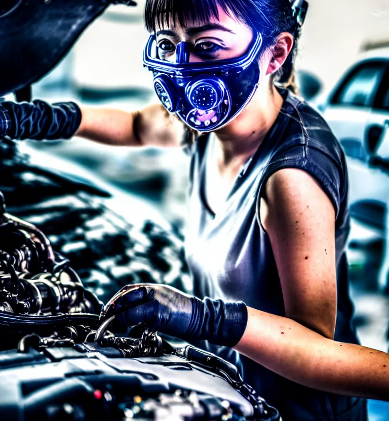 Image similar to a photo close up a female mechanic working on engine of a cyberpunk car,, wearing mask, cyberpunk garage, cyberpunk gunma prefecture, midnight, photorealistic, cinematic color, studio lighting, highly detailed, bokeh, style by tomino - sama