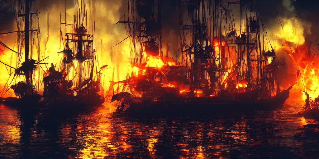 Prompt: pirate ships at war at night, smoke, fire, chaos, photo realistic, 8k, artstation, Blade runner, neon signs in the distance, dark, cinematic, epic