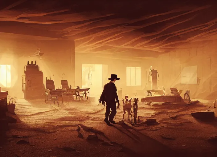 Prompt: elon musk walking through the door of a saloon, wild west, sunset, desert, dusty, sunbeams. digital illustration, colors, soft lighting, adventurous, atmospheric lighting, 8K, octane render. By Makoto Shinkai, Stanley Artgerm Lau, WLOP, Rossdraws, James Jean, Andrei Riabovitchev, Marc Simonetti, krenz cushart, Sakimichan, D&D trending on ArtStation, digital art.