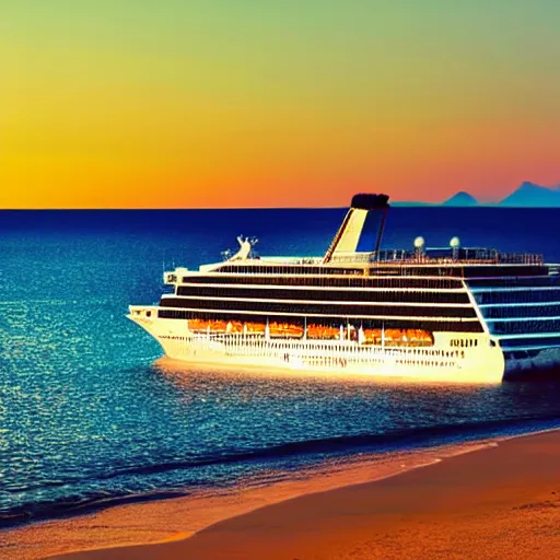 Image similar to a cruise ship chilling on the beach, sunset, vaporwave