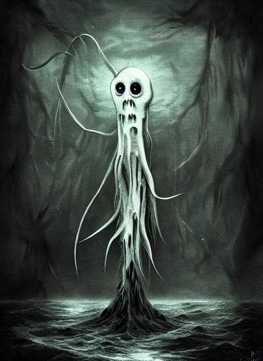 Image similar to bigfin squid, horror style, digital art, monster, ominous underwater environment, dark souls, terrifying, epic surrealism