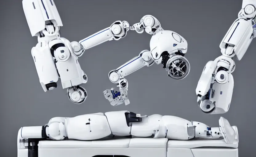 Prompt: two beautiful sleek white robots embracing on top of a medical table with large mechanical arms operating on them symmetrical composition photography