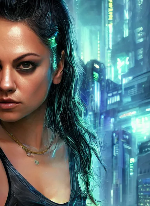 Prompt: petite mila kunis as cyberpunk princess, in a blade runner city, volumetric lighting, ray tracing, futuristic, sharp focus, vibrant, vivid, symmetry, highly detailed, 4 k digital painting, detailed skin, liquid, magical, raytracing, artistic, concept art by artgerm, greg rutkowski, alphonse mucha, unreal engine render,