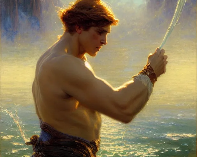 Image similar to attractive male wizard casting powerful wave water spell in a beautiful lake. highly detailed painting by gaston bussiere, craig mullins, j. c. leyendecker 8 k