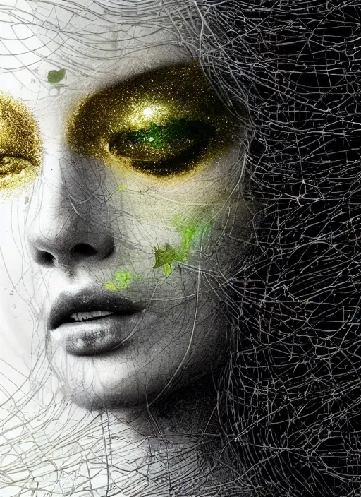 Prompt: double exposure effect, glowing silver and golden elements, female portrait model from shutterstock as a dark witch, book cover, green forest, white moon, red lips, establishing shot, extremly high detail, photo-realistic, cinematic lighting, pen and ink, intricate line drawings, by Yoshitaka Amano, Ruan Jia, Kentaro Miura, Artgerm, post processed, concept art, artstation, matte painting, style by eddie, raphael lacoste, alex ross