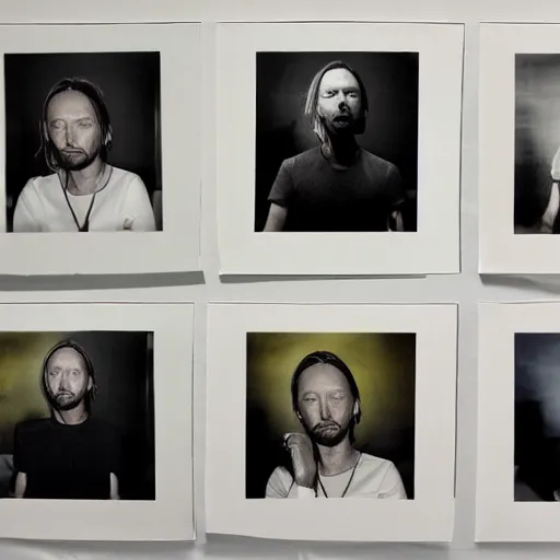 Prompt: photograph of prints of random thom yorke pictures on a table, hyper realistic, many very random variations of thom yorke, various emotions, various poses, high quality photographs, mixed styles, intricate details, diverse