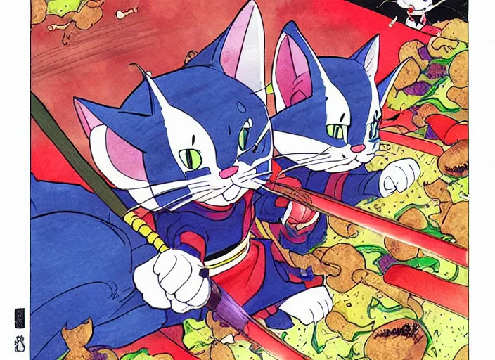 Image similar to samurai pizza cats, ink and watercolor illustration masterpiece, perfectly realistic yet surreal, by ryan ottley and mœbius