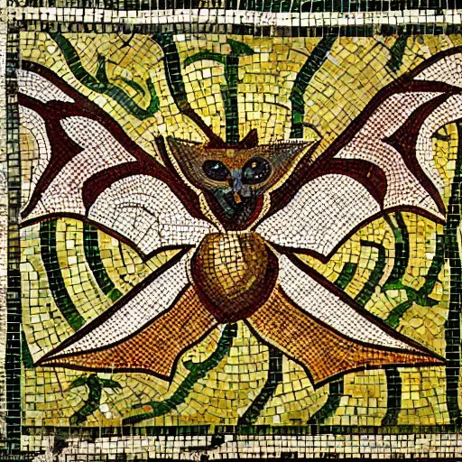 Prompt: medium shot Mosaic depicting a cute bat, from Italica, AD 176-275. Archaeological Museum, Seville. Byzantine mosaics, highly detailed, HQ, HD, beautiful, National Geographic,