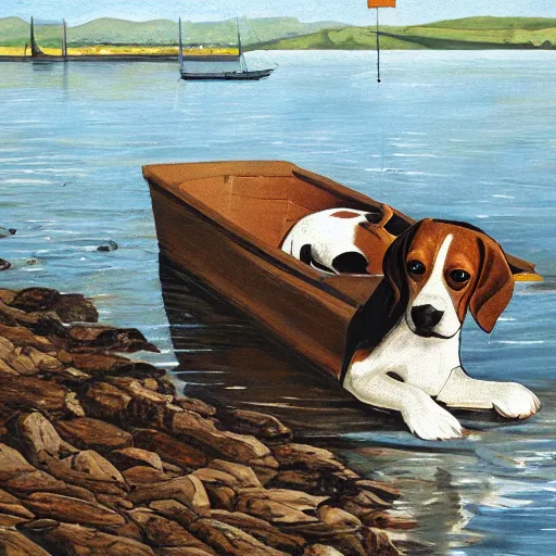 Prompt: a beagle building a boat in a bay