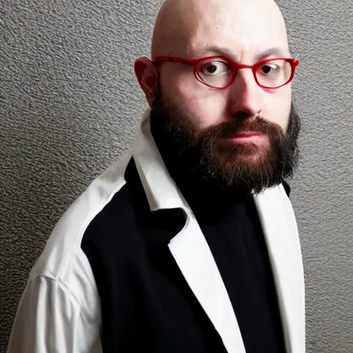 Prompt: High resolution!! Typical bald and evil experimental electronic musician profile picture, 8K, Canon