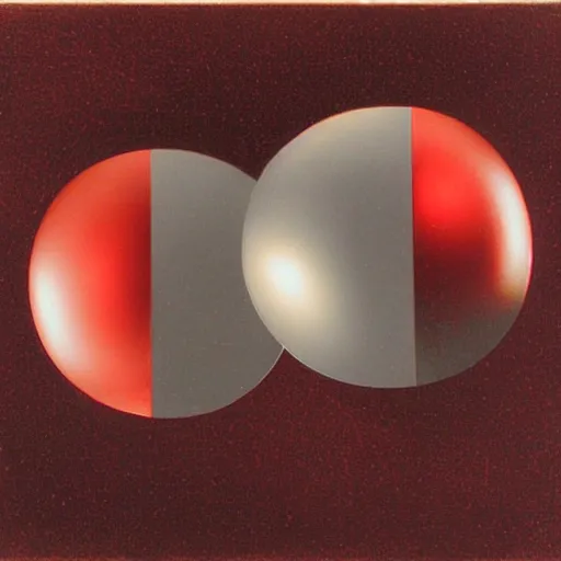 Prompt: chrome spheres on a red cube, mezzotint