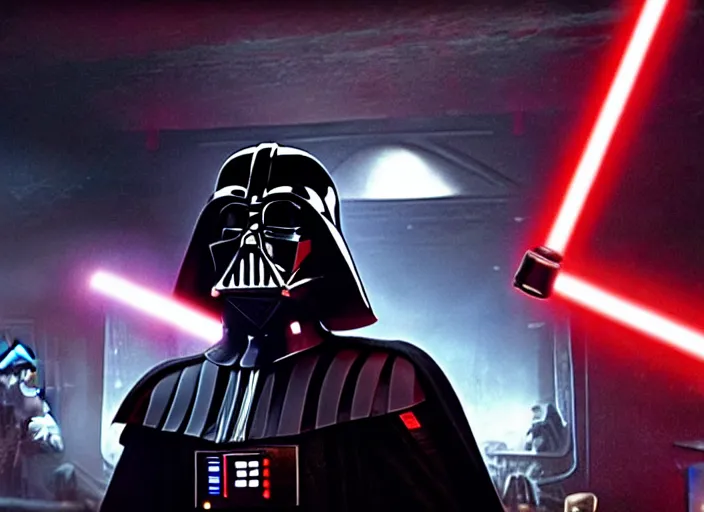 Prompt: film still of Darth Vader goes to a night club in the new Star Wars movie, 4k