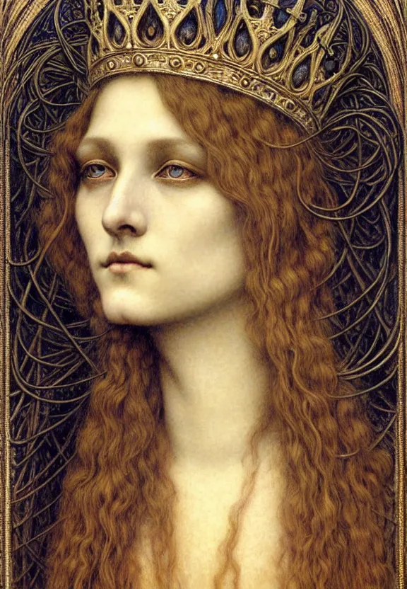 Image similar to detailed realistic beautiful young medieval queen face portrait by jean delville, gustave dore and marco mazzoni, art nouveau, symbolist, visionary, gothic, pre - raphaelite. horizontal symmetry