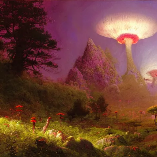 Image similar to A lovely picture of an alien landscape with mycelium aliens by John Berkey, by George Inness, by john Harris, forest made out of mushroom, purple and red and white gradient colour theme, trending on DeviantArt, rendered in blender, 8k resolution, Mountains, no green