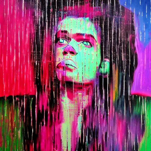 Image similar to amy in - house, rain like a dream, oil painting, cyberpunk, basquiat + francis bacon, elevated street art, fantasy lut, pink, blue, purple, green,