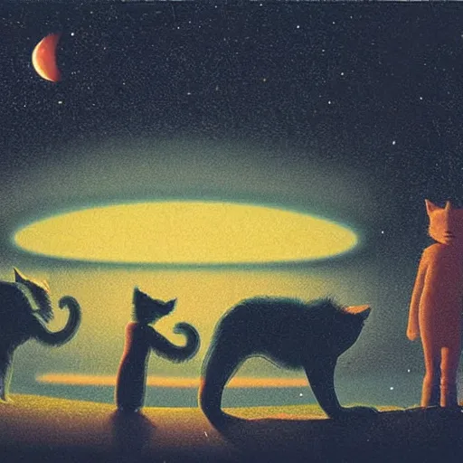 Image similar to meeting of the cats, strange felling, nighttime, artwork by Dan McPharlin and Ralph McQuarrie