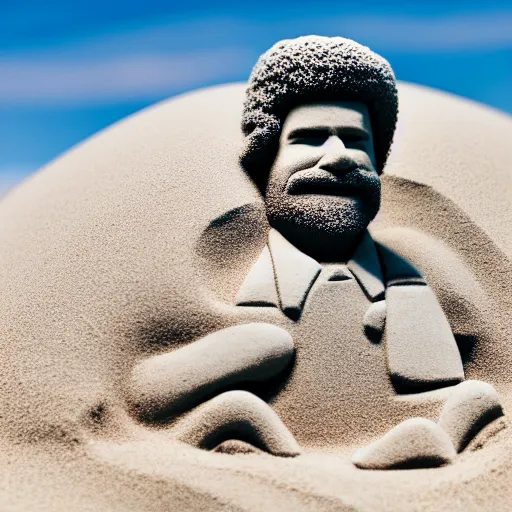 Image similar to sand sculpture of bob ross, on a busy beach, highly detailed, photograph, 5 0 mm f 1. 4, bright sunlight