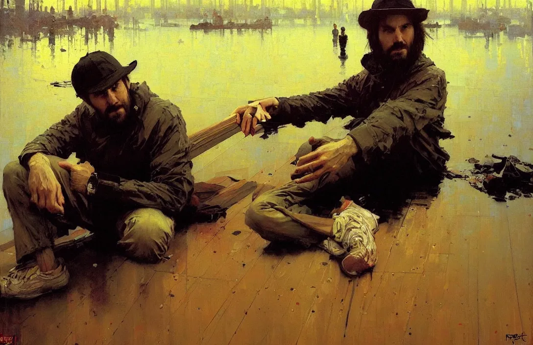 Image similar to portrait of boards of canada!!!!!!!!!!!!!!!!!!!!!!!!!!!, detailed face, detailed painting, epic lighting, by ilya repin, phil hale and kent williams