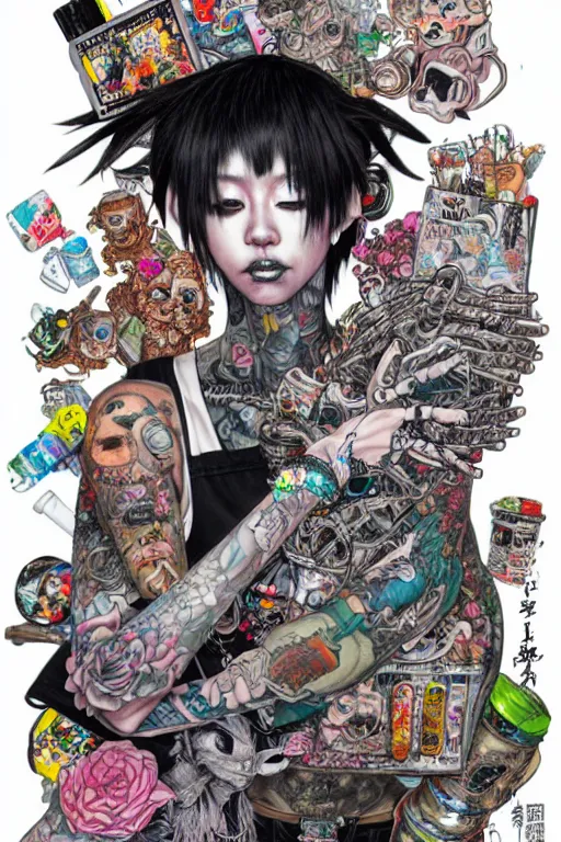 Prompt: full view, from a distance, of anthropomorphic trashcan punk with tattoos, full of trash, style of yoshii chie and hikari shimoda and martine johanna, highly detailed