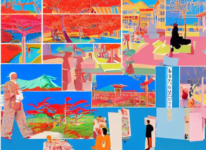 Prompt: award winning graphic design poster, photocollage art depicting a variety of japan travel, beauty, tastes, crafts and more, photocollage painting by David Hockney