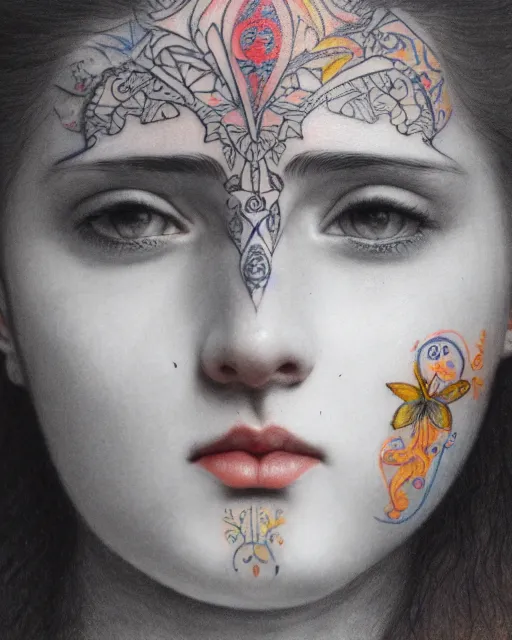Image similar to close up of a beautiful girl with colourful intricate tattoos, by william - adolphe bouguereau, artistic, intricate drawing, realistic fantasy, extremely detailed and beautiful aesthetic face, 8 k resolution, dramatic lighting