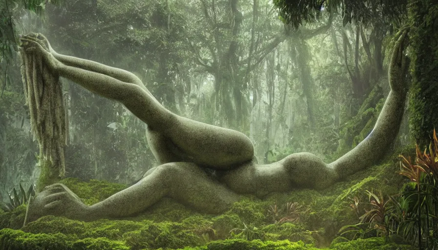 Image similar to concept art of a gargantuan statue of a goddess meditating, deep in the jungle, overgrown, covered in moss, ambient lighting, mist