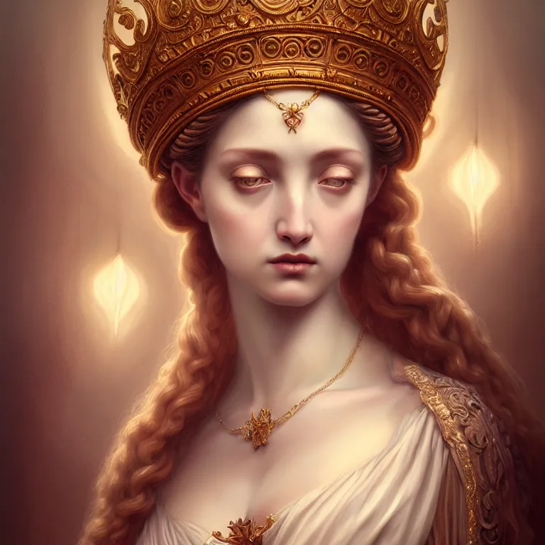 Prompt: renaissance style a wonderful female goddess with a wonderful face and realistic arms and hands and realistic 5 fingers and realistic body with long intricate hair with a beautiful porcelain symmetrical body dressed with a majestic warp ornate cream long cotton dress, hightly ornate, intricate, detailed, dramatic light, cinematic, award winning, octane render, tom bagshaw style