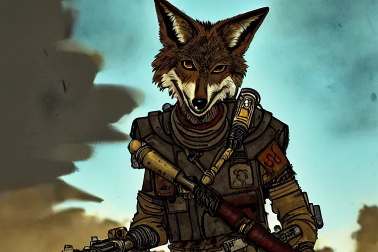 Image similar to a good ol'coyote fursona ( from the furry fandom ), heavily armed and armored facing down armageddon in a dark and gritty version from the makers of mad max : fury road. witness me.