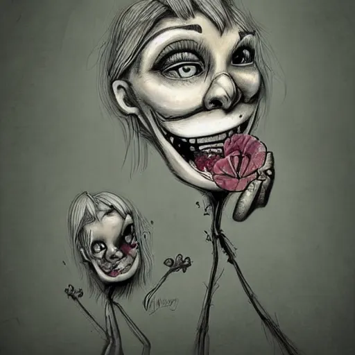 Image similar to grunge cartoon sketch of a human flower mix with a wide smile by - michael karcz, loony toons style, horror theme, detailed, elegant, intricate