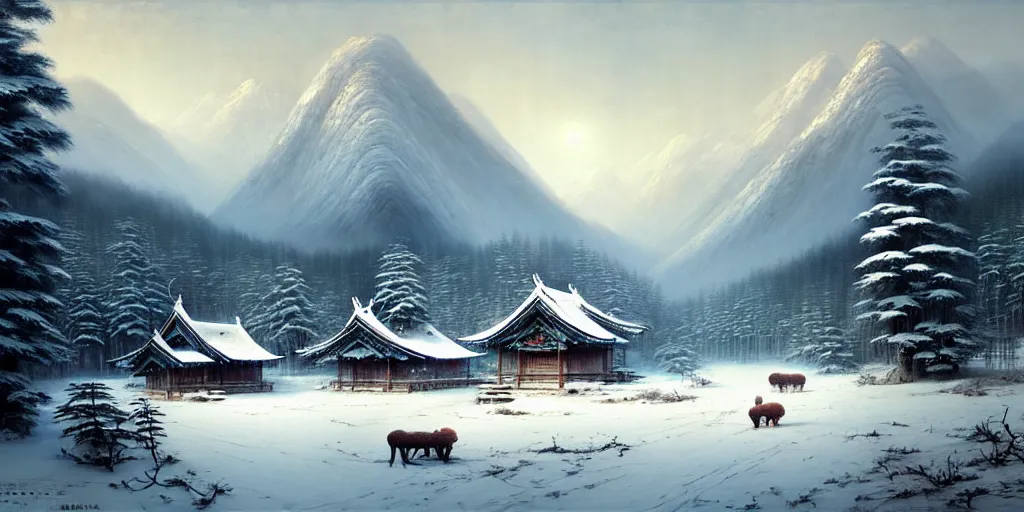 Image similar to beautiful chinese forest and a alaskan tundra snow covered landscape, with a quant village peaceful painted by greg rutkowski, makati shinkai, james gurney, wlop