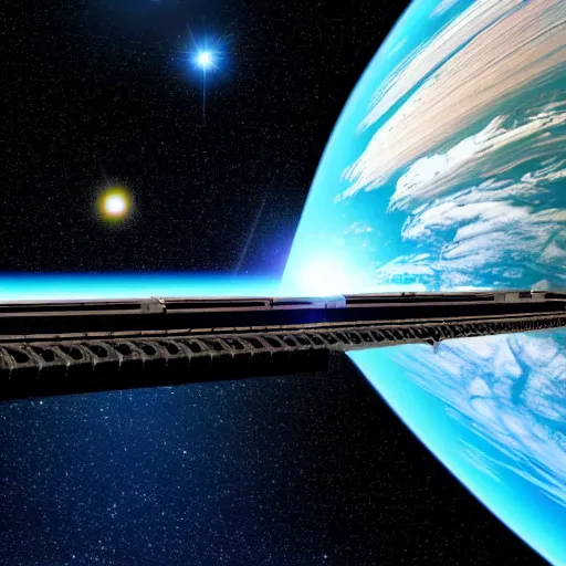 Prompt: wide shot of flying train track in space orbit around planet earth, epic award winning cinematic still