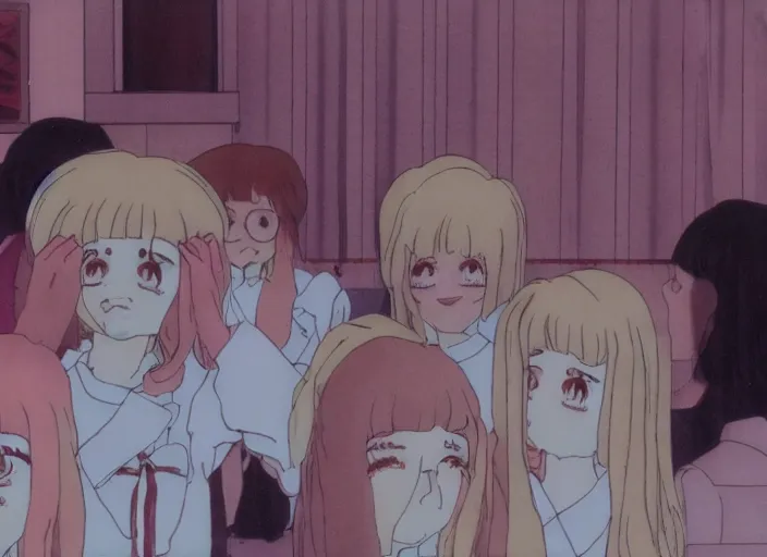 Prompt: screenshot from guro anime, 8 0's horror anime, yellowed grainy vhs footage with noise, four schoolgirls trapped in a bathroom, bathroom stalls and sinks and tiled floor, girls are in beige sailor school uniforms, one girl has white hair, detailed expressive faces, various hair colors and styles, in the style of ghibli,