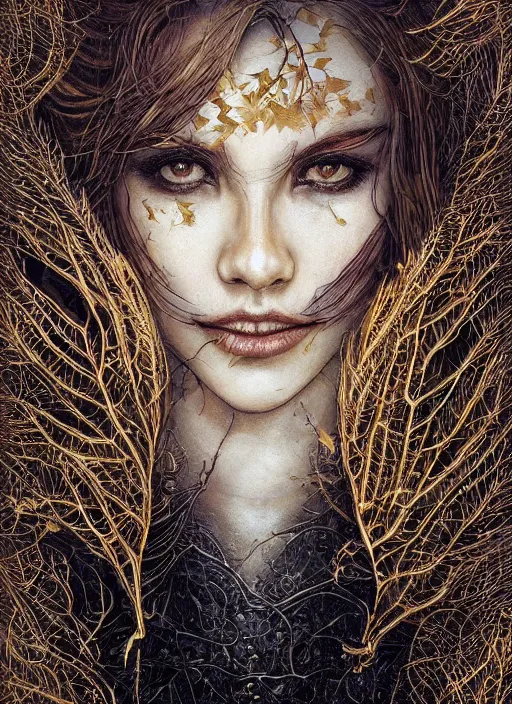 Image similar to golden leaves at frame border, creative!!! composition for a book cover, absurdly beautiful, ultrafine hyperrealistic detailed witch face by wlop and artgerm and greg rutkowski, intricate linework, sharp focus, smooth, octopath traveler, final fantasy, unreal engine, dramatic lighting, ethereal, 8 k