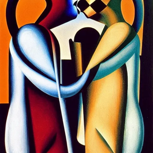 Image similar to Oil painting by Oskar Schlemmer. Two mechanical gods kissing. Dali.