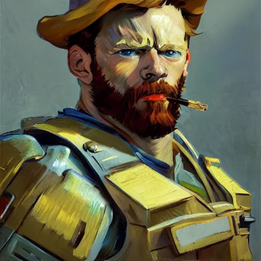 Image similar to greg manchess portrait painting of armored van gogh as overwatch character, medium shot, asymmetrical, profile picture, organic painting, sunny day, matte painting, bold shapes, hard edges, street art, trending on artstation, by huang guangjian, gil elvgren, ruan jia, randy vargas, greg rutkowski