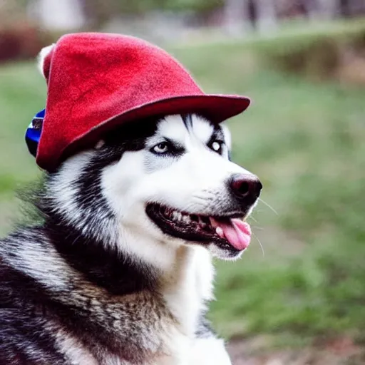 Image similar to A photo of a Husky dog wearing a hat, award winning photography, pro dog photography