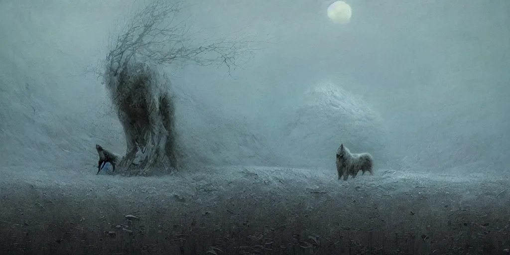 Prompt: a lone white wolf in a nightmare landscape, sad, emotive, high detail, cinematic, beautiful painting by beksinski and wadim kashin