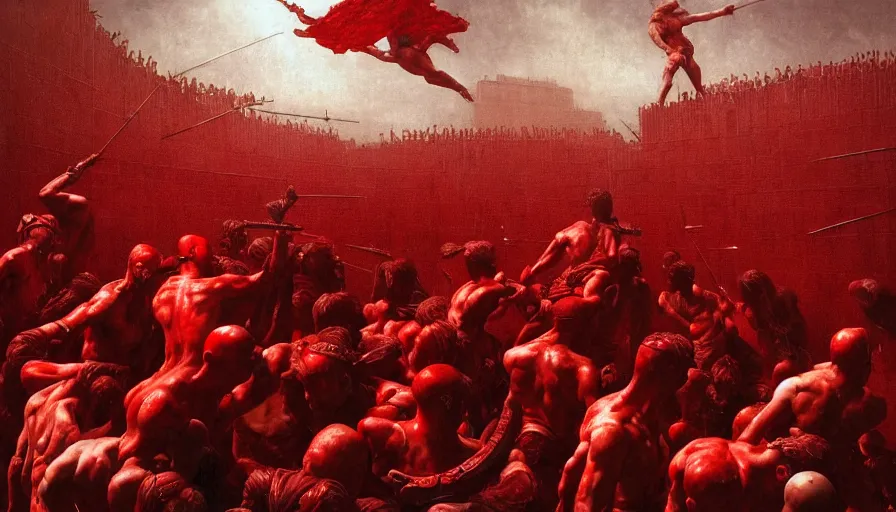 Image similar to only with red, bloody gladiator battle in a crowded roman amphitheatre, crowd cheering, in the style of beksinski and edward hopper and rodcenko and yue minjun and greg rutkowski, intricate and epic composition, red by caravaggio, highly detailed, masterpiece, red light, artstation, art nouveau