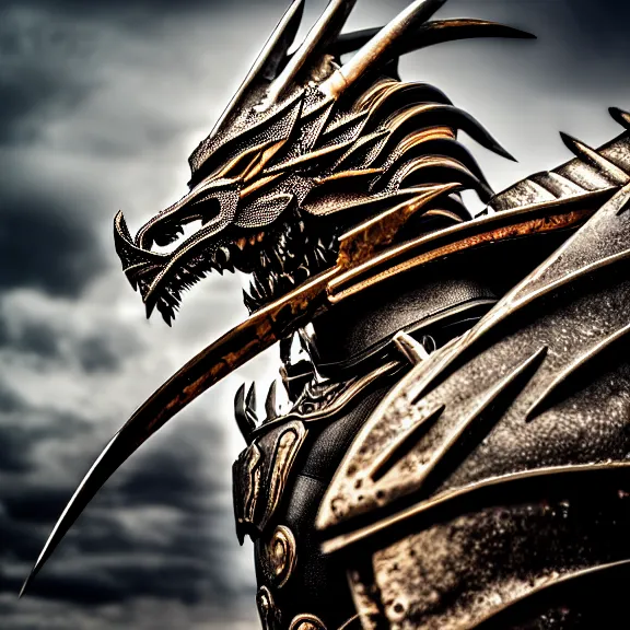 Image similar to photo of a warrior with metal dragon theme armour, 4 k, hdr, smooth, sharp focus, high resolution, award - winning photo