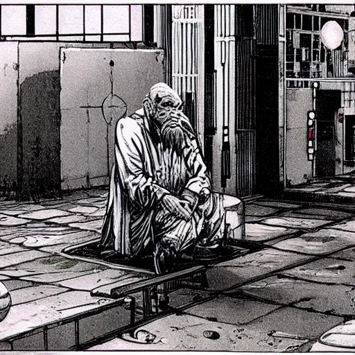 Image similar to Beggar priest in busy spaceport on luna 5 colony. Concept art by James Gurney and Mœbius.