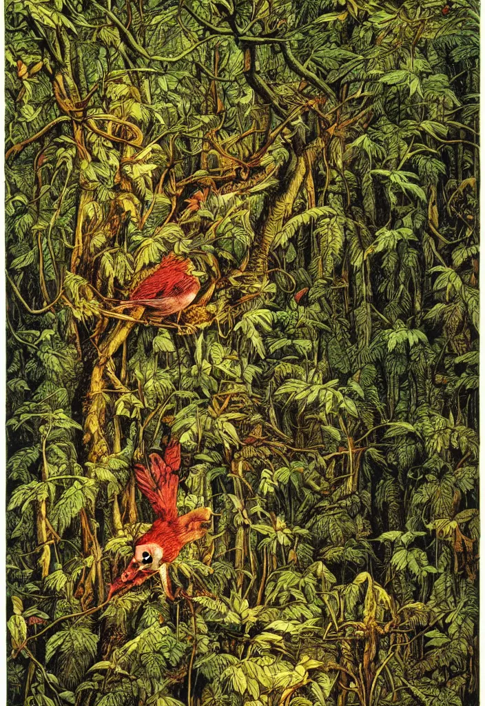 Image similar to a bird in a forrest in the style of patrick woodroffe, masterpiece, fantastic, High quality image