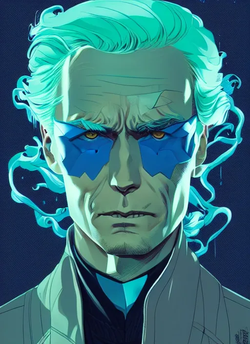 Image similar to style artgerm, joshua middleton, clint eastwood with green overcoat, blue hair, swirling water cosmos, symmetrical face, symmetrical eyes, cyberpunk, cinematic lighting