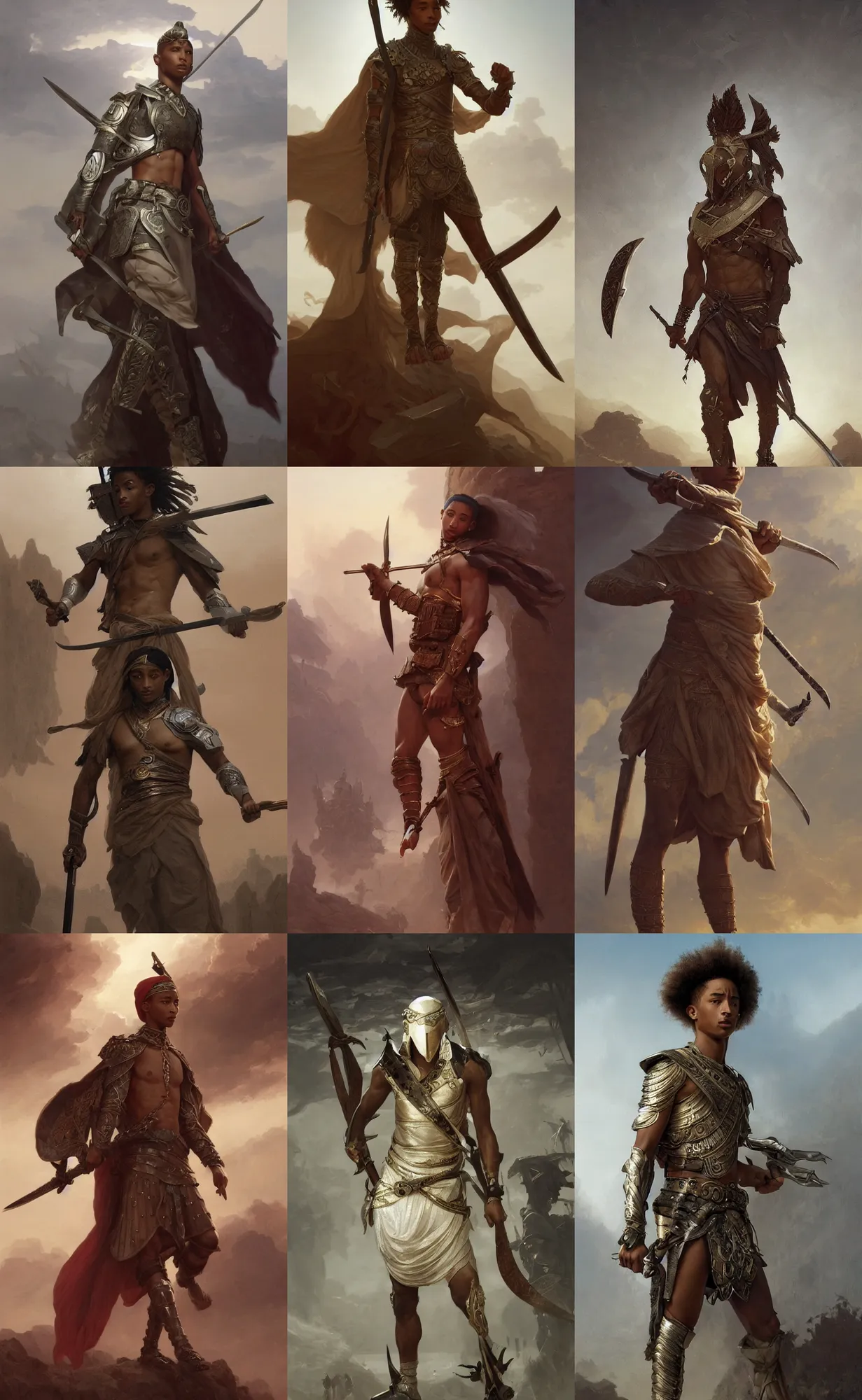 Prompt: Jaden Smith as ancient libyan warrior, intricate, elegant, highly detailed, digital painting, artstation, concept art, smooth, sharp focus, illustration, art by and greg rutkowski and orientalism and bouguereau