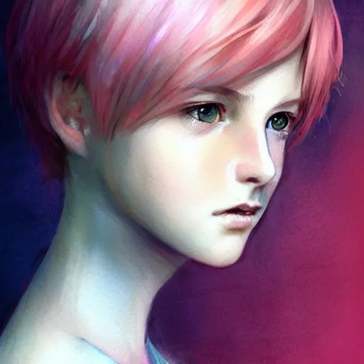 Image similar to young boy, short pink hair, light eyes, gorgeous, amazing, delicate, elegant, intricate, highly detailed, watercolor, portrait, artstation, concept art, sharp focus, illustration, art by charlie bowater and Ross tran