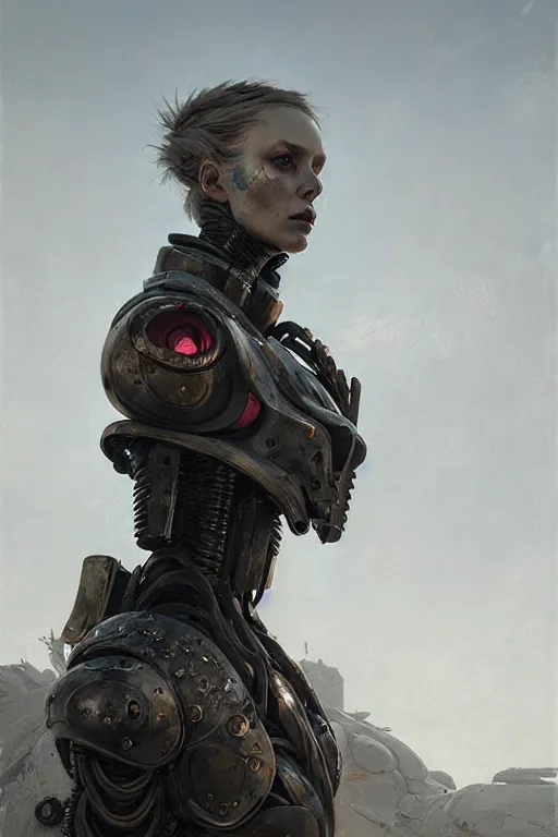 Prompt: a portrait of a woman in a post apocalyptic landscape in futuristic armour by eve ventrue